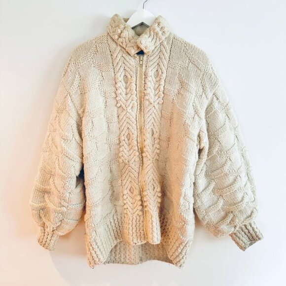 Handmade Oversize Chunky Knit Sweater Zip Bubble Sleeve Mum's Zip Up Ivory White - Picture 5 of 8
